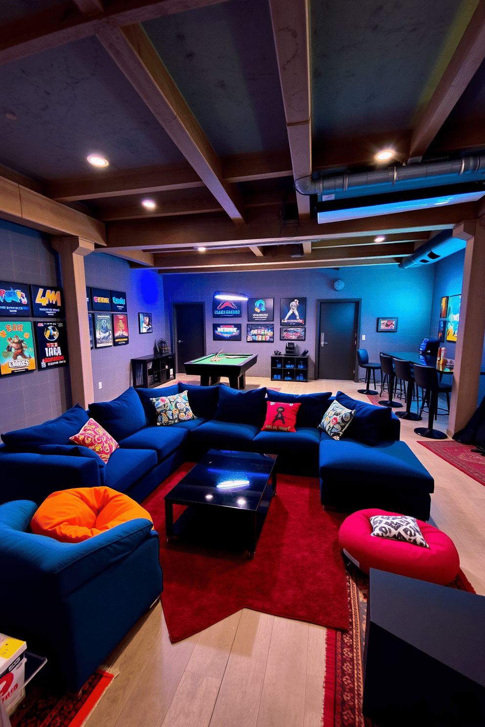 A vibrant game room designed for entertainment and relaxation. It features a plush sectional sofa in a rich navy blue, paired with colorful bean bags and a sleek coffee table in the center. The walls are adorned with framed posters of classic video games, and ambient LED lighting creates a lively atmosphere. A pool table occupies one corner, while a small bar area with high stools invites socializing. The unfinished basement is transformed into a cozy retreat with exposed beams and concrete flooring. Strategically placed rugs add warmth, and creative storage solutions keep the space organized while maintaining an open feel.