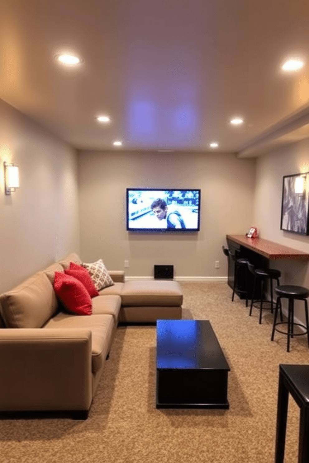 A cozy unfinished basement designed for entertainment features a wall-mounted TV positioned for optimal viewing. The space is illuminated with soft, recessed lighting, creating an inviting atmosphere for movie nights. Incorporate a plush sectional sofa in a neutral tone, paired with colorful throw pillows for a pop of color. A sleek coffee table sits in front, while a small bar area with stools adds functionality for snacks and drinks.