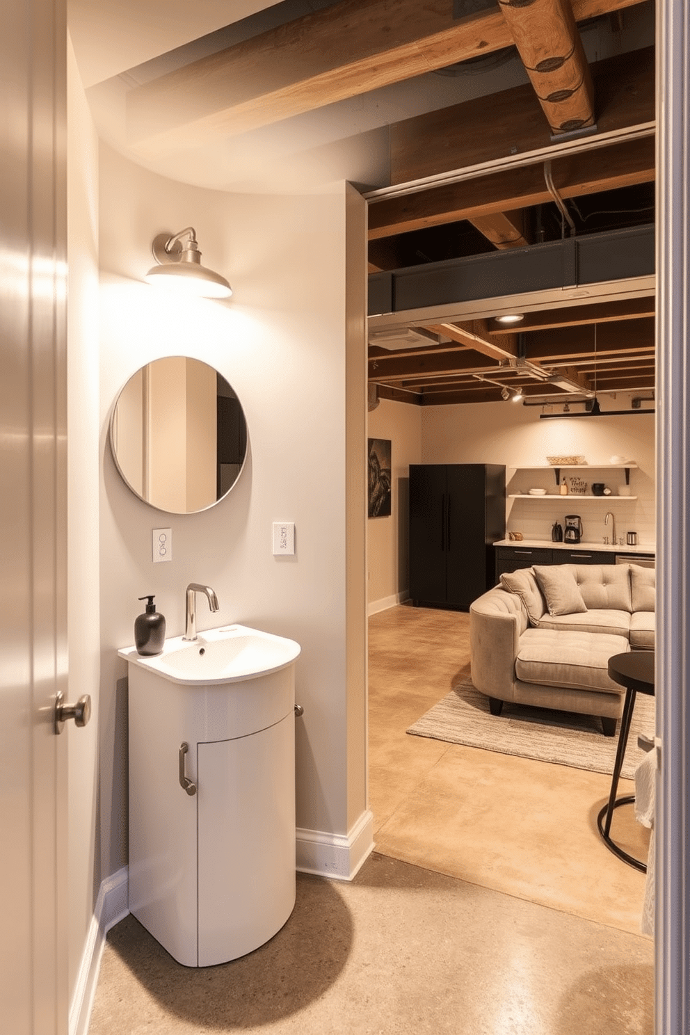 A cozy small bathroom designed for convenience features a compact white vanity with a round mirror above it. The space is illuminated by warm lighting, and the walls are painted in a soft, light gray, creating an airy feel. The unfinished basement is transformed into a stylish multifunctional space with exposed beams and polished concrete floors. A cozy seating area is created with a sectional sofa, complemented by a small kitchenette and a modern bar area for entertaining.