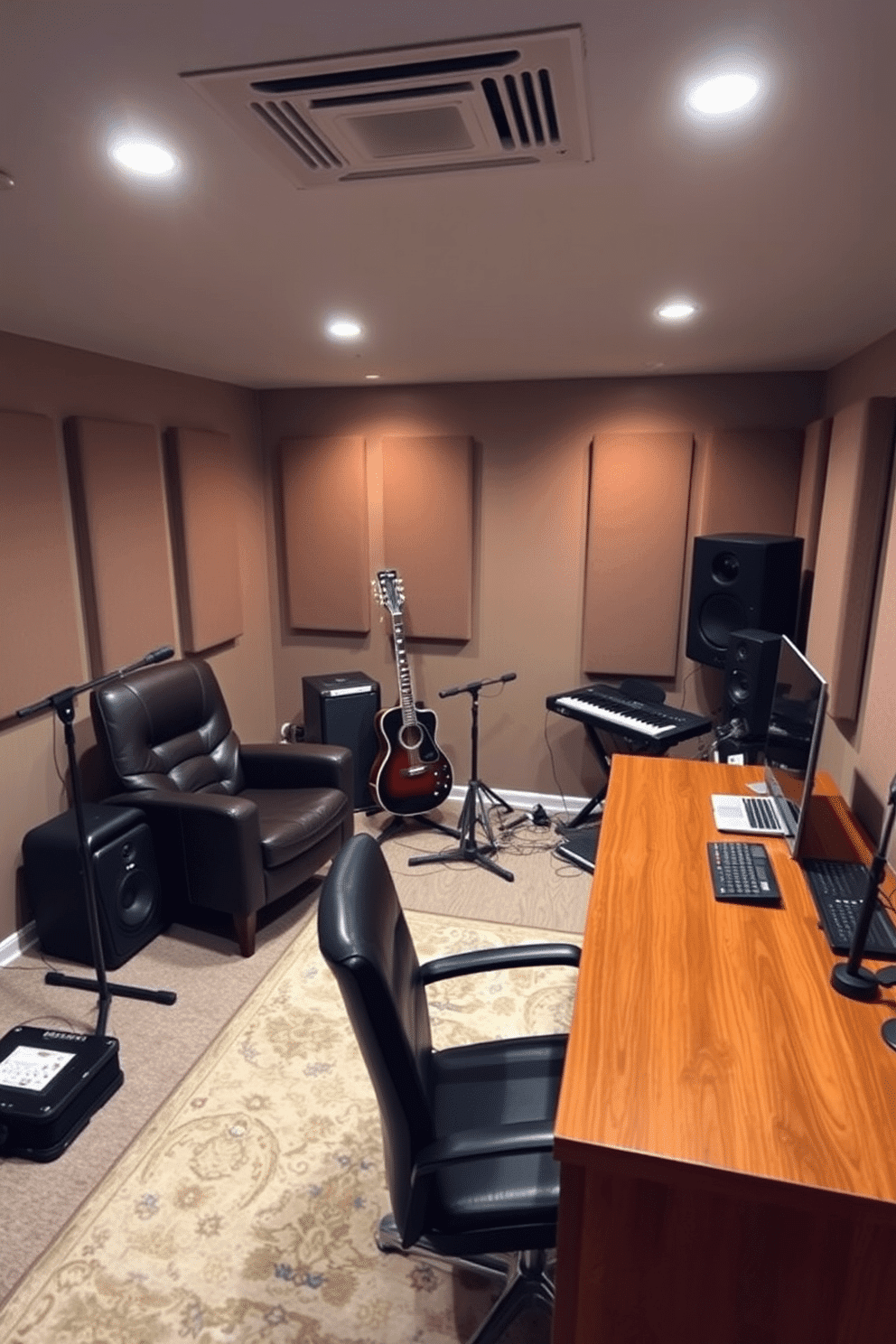 A cozy music practice area in an unfinished basement. The space features soundproofing panels on the walls, a comfortable leather chair, and a sleek wooden desk with a computer and audio interface. In one corner, a collection of musical instruments including a guitar, keyboard, and microphone stand is neatly arranged. Soft, ambient lighting creates a warm atmosphere, while a large rug adds a touch of comfort underfoot.