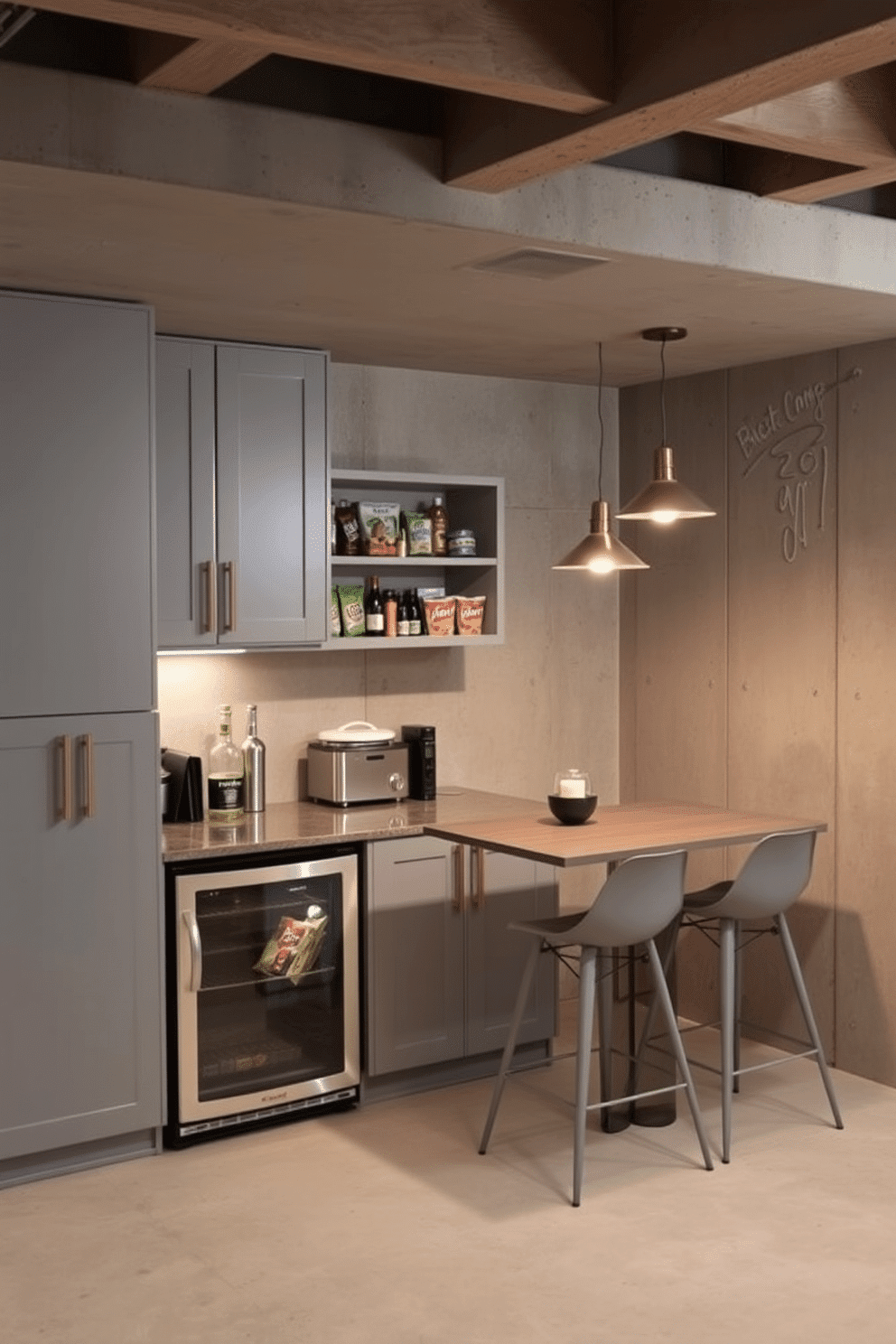 A cozy kitchenette in an unfinished basement, featuring sleek cabinetry in a soft gray finish and a compact countertop for easy meal prep. A mini-fridge is tucked under the counter, while open shelving displays an assortment of snacks and drink essentials, creating an inviting space for casual gatherings. The walls of the basement are exposed, showcasing the raw concrete and wooden beams, which add character to the design. Warm lighting fixtures hang from the ceiling, illuminating the area and highlighting a small dining table with modern stools, perfect for enjoying snacks and drinks.