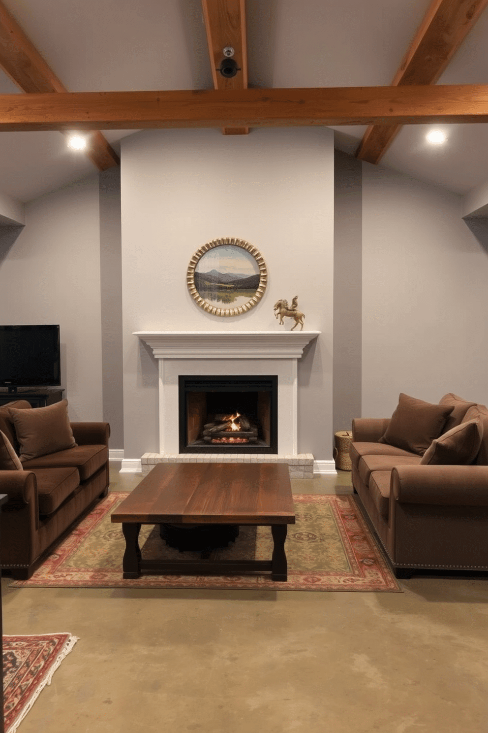 A cozy unfinished basement design featuring a central fireplace that creates a warm and inviting atmosphere. The walls are painted in a soft gray, complemented by exposed wooden beams that add character to the space. On one side of the fireplace, a comfortable seating area with plush sofas and a rustic coffee table invites relaxation. The flooring is a combination of polished concrete and area rugs, providing both durability and comfort underfoot.