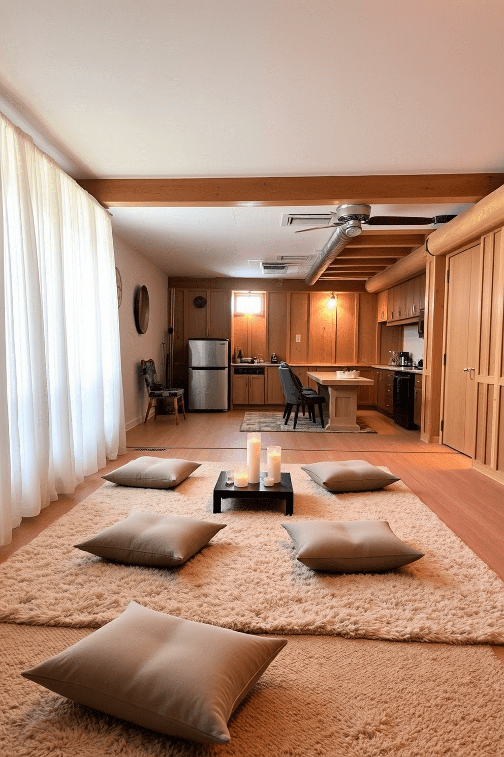 A serene meditation space featuring soft, natural lighting filtering through sheer curtains. The floor is covered with a plush, neutral-toned rug, and there are floor cushions arranged around a small, low table adorned with candles and incense. An unfinished basement transformed into a cozy retreat with exposed beams and warm wood paneling. The space includes comfortable seating, a small kitchenette, and ambient lighting, creating an inviting atmosphere for relaxation and entertainment.