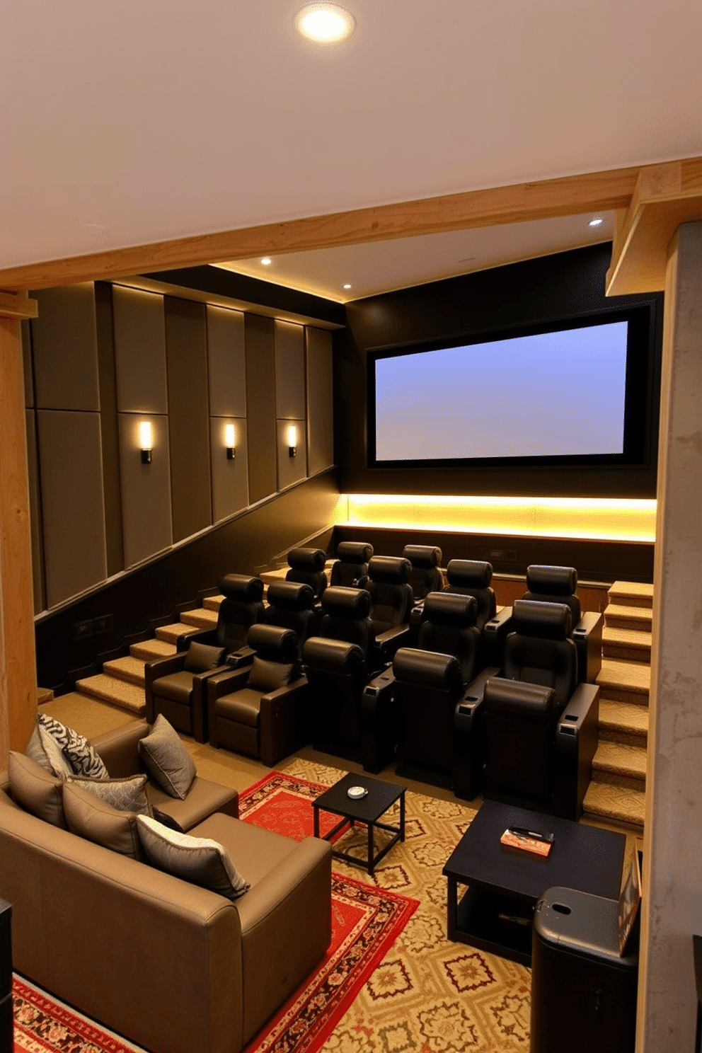 A luxurious home theater setup features a large projector screen mounted on a dark accent wall, surrounded by plush, reclining leather seats arranged in a tiered layout for optimal viewing. Ambient LED lighting casts a warm glow, while soundproofing panels enhance the acoustic experience, creating a cinematic atmosphere. The unfinished basement design incorporates a cozy lounge area with a sectional sofa and a coffee table, framed by exposed beams and concrete walls. Strategically placed rugs and soft lighting create an inviting space, while designated areas for a home gym and storage maximize functionality.