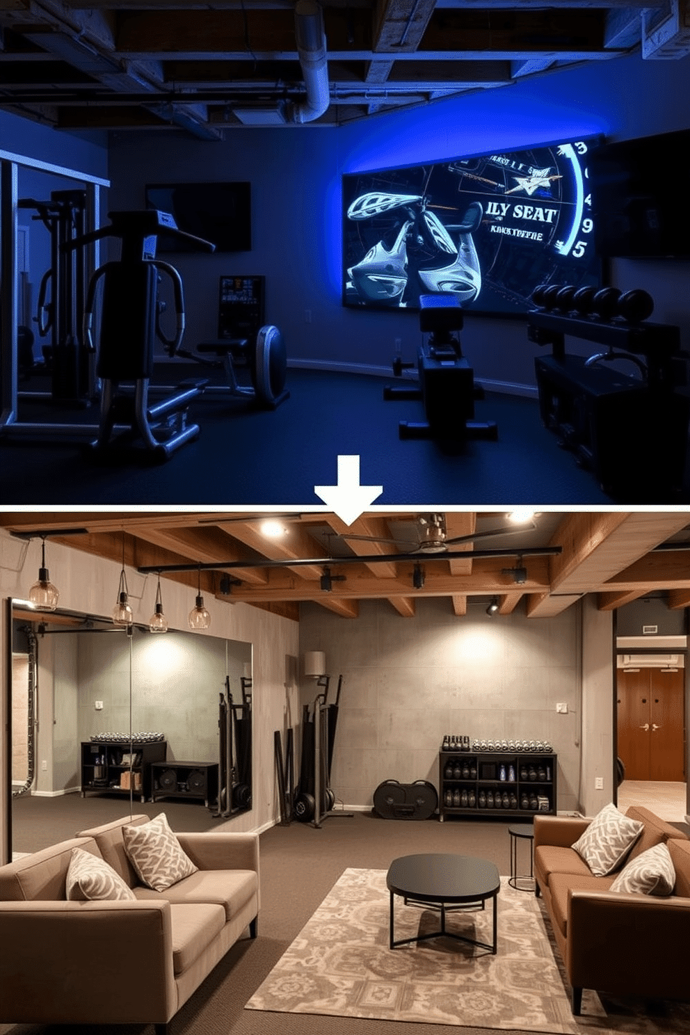 A modern home gym featuring a dedicated equipment area. The space includes a variety of exercise machines, free weights, and a large wall-mounted mirror to enhance the workout experience. An unfinished basement transformed into a stylish multipurpose area. The design showcases exposed beams and concrete walls, with cozy seating arrangements and ambient lighting to create an inviting atmosphere.