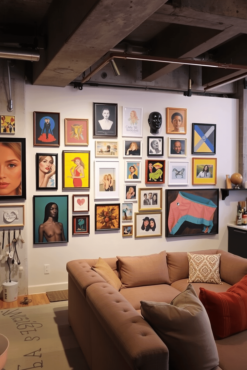 A gallery wall showcasing a curated collection of vibrant artwork. The wall is adorned with a mix of framed paintings, photographs, and unique sculptures, creating an eclectic yet cohesive aesthetic. An unfinished basement transformed into a cozy multifunctional space. It features a comfortable seating area with plush sofas, a small kitchenette, and stylish lighting, all while retaining the industrial charm of exposed beams and concrete walls.