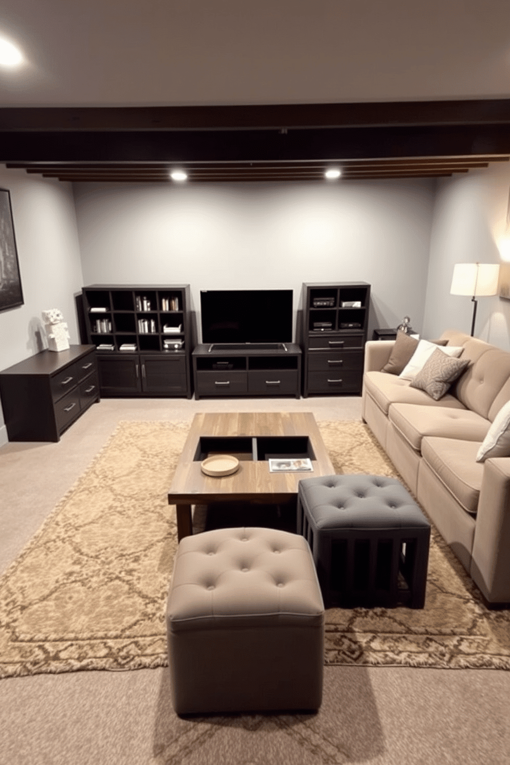 A cozy unfinished basement transformed into a multifunctional space features a large sectional sofa with built-in storage underneath. The walls are painted in a soft gray, and a rustic wooden coffee table with hidden compartments sits at the center, surrounded by plush area rugs. In one corner, a sleek entertainment unit combines shelving with drawers for games and media, while a pair of stylish ottomans provide extra seating and storage for blankets. Soft, ambient lighting from floor lamps creates a warm atmosphere, inviting relaxation and entertainment in this versatile basement retreat.