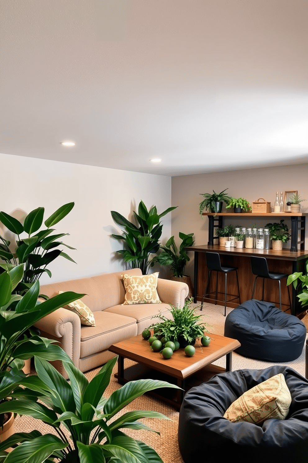 A cozy unfinished basement designed for relaxation and entertainment. Lush green plants are strategically placed throughout the space, adding a fresh and vibrant touch to the neutral-toned walls. Comfortable seating options, such as a plush sectional sofa and bean bags, create an inviting atmosphere. A small bar area with wooden shelves showcases various plants and decorative elements, enhancing the overall aesthetic.