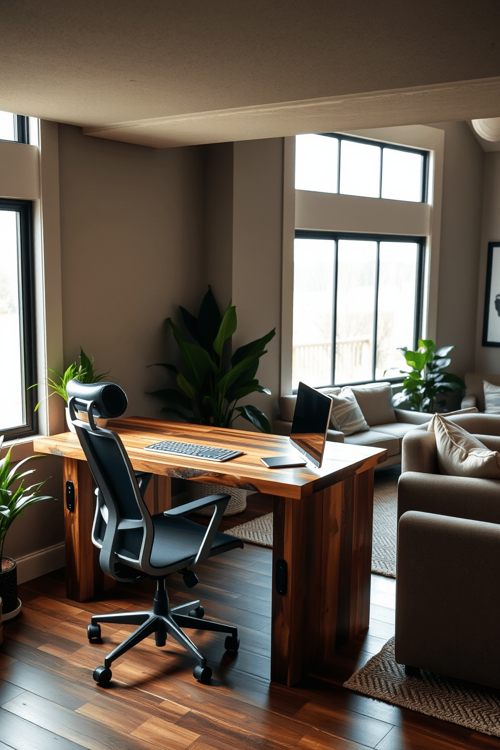 A modern workspace with ample natural light streaming through large windows. The desk is made of reclaimed wood, paired with a sleek ergonomic chair, and surrounded by indoor plants for a refreshing atmosphere. A cozy unfinished basement transformed into a multifunctional space. Soft lighting fixtures illuminate the area, featuring a comfortable seating arrangement with plush sofas and a small kitchenette for entertaining guests.