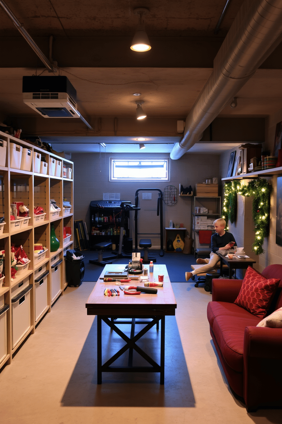 A cozy seasonal decoration storage area designed for easy access and organization. Shelving units line the walls, filled with labeled bins containing various holiday decorations, while a large, sturdy table in the center is topped with tools and supplies for crafting and organizing. An unfinished basement transformed into a functional living space. The area features exposed beams and concrete walls, with designated zones for a home gym, a play area for kids, and a cozy lounge with comfortable seating and ambient lighting.