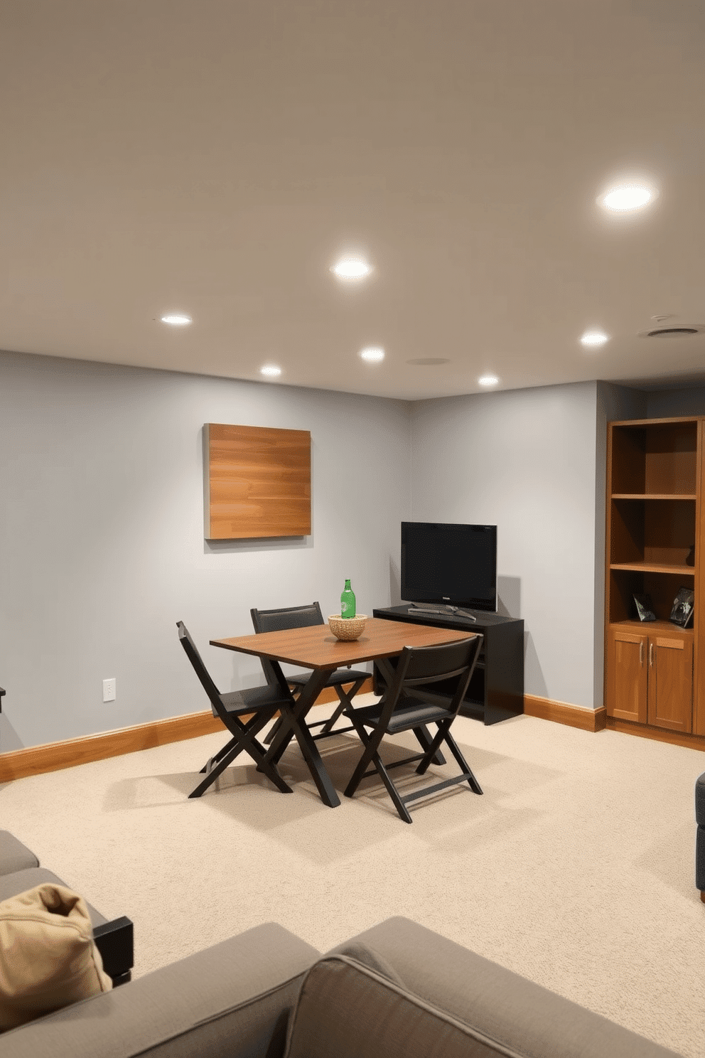 A versatile unfinished basement design featuring folding furniture that maximizes space and flexibility. The layout includes a stylish folding table and chairs that can be easily stored away when not in use, allowing for an open and airy atmosphere. The walls are painted in a soft gray, complemented by warm wooden accents for a cozy feel. Ambient lighting fixtures are strategically placed to create inviting zones for relaxation or entertainment, enhancing the basement's functionality.