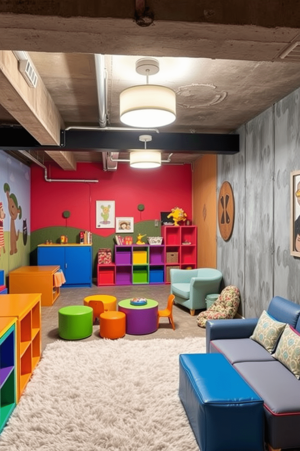 A vibrant playroom filled with colorful furniture and playful decor. The walls are adorned with cheerful murals, and a soft, plush rug covers the floor to create a cozy space for children to play. An unfinished basement transformed into a multifunctional space. The design features exposed beams and concrete walls, complemented by stylish lighting and modular furniture for versatility.