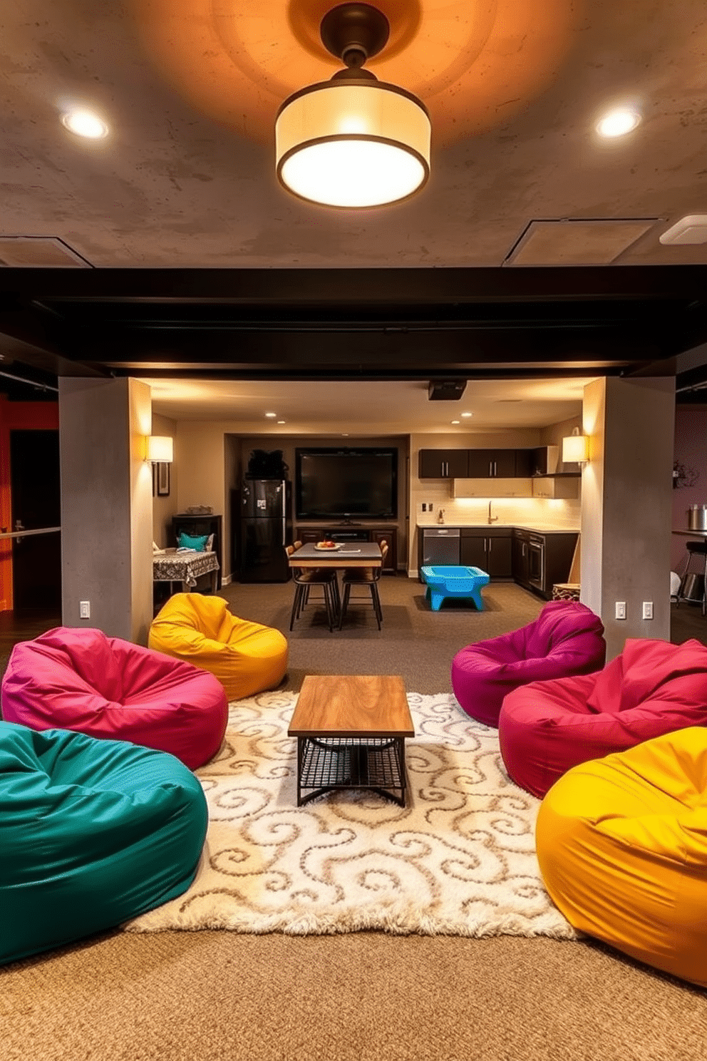 A cozy lounge featuring colorful bean bags scattered around a low wooden coffee table. Soft, warm lighting illuminates the space, creating an inviting atmosphere with a plush area rug underfoot. An unfinished basement transformed into a stylish multifunctional space. Incorporate a home theater area with comfortable seating, a small kitchenette, and an open play area, all while retaining the industrial charm of exposed beams and concrete walls.