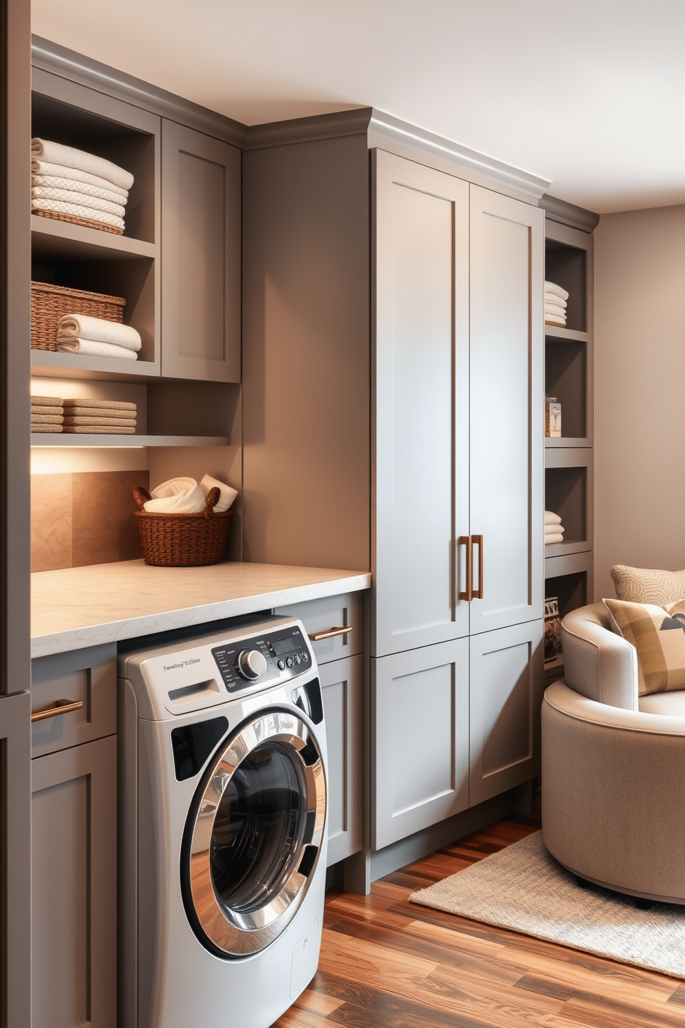 A stylish laundry and storage space features sleek cabinetry in a soft gray finish, providing ample storage for cleaning supplies and linens. The countertop is a durable quartz surface, perfect for folding clothes, while a modern washer and dryer sit side by side, accented by decorative baskets for organization. For unfinished basement design ideas, envision a cozy lounge area with plush seating and ambient lighting, creating a welcoming atmosphere. Incorporate a small kitchenette with a bar counter, and use warm wood tones and soft textiles to transform the space into a functional and inviting retreat.