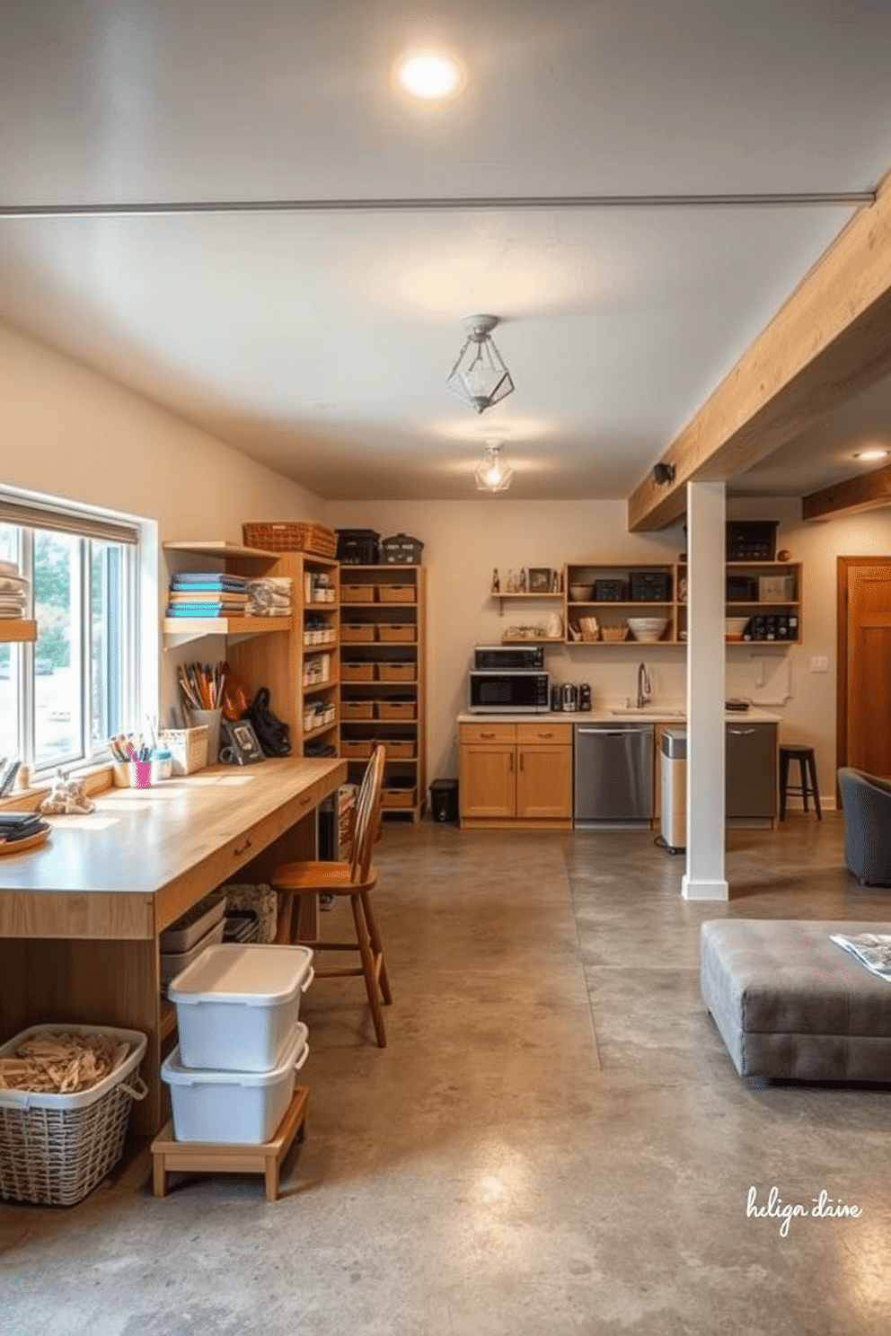 A cozy craft area for hobbies is designed with a large wooden workbench positioned against a bright window, allowing natural light to flood the space. Shelves filled with colorful supplies and organized storage bins line the walls, creating an inspiring and functional environment. The unfinished basement is transformed into a versatile space with a polished concrete floor and exposed beams for an industrial feel. Soft lighting fixtures illuminate the area, while cozy seating and a small kitchenette make it perfect for gatherings or relaxation.