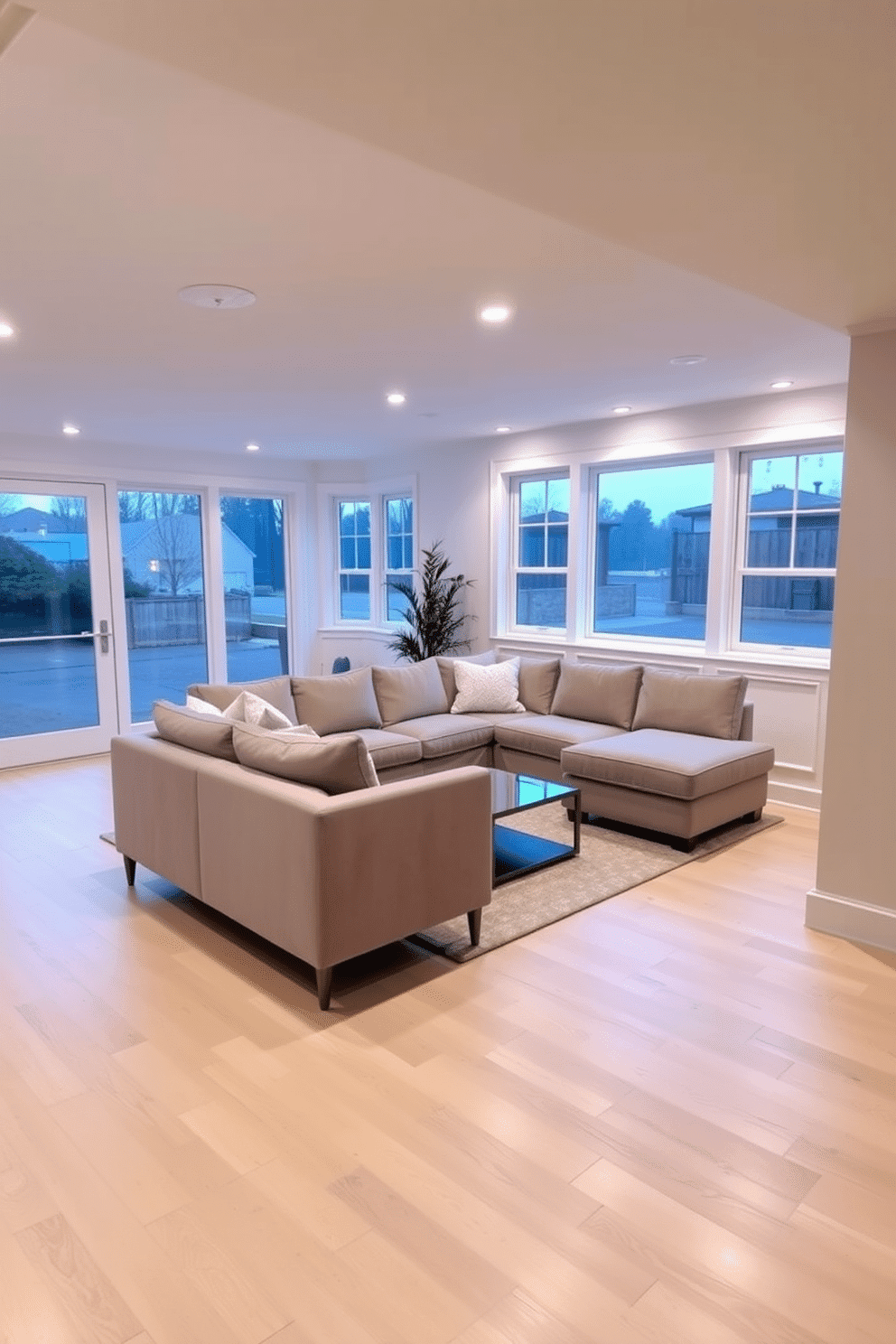 A bright and inviting unfinished basement designed as a multifunctional space. The area features large windows allowing natural light to flood in, complemented by strategically placed recessed lighting to create a warm atmosphere. In one corner, a cozy lounge area is arranged with a plush sectional sofa and a sleek coffee table. The walls are painted in a soft white hue, and the floor is finished with light hardwood to enhance the airy feel of the space.