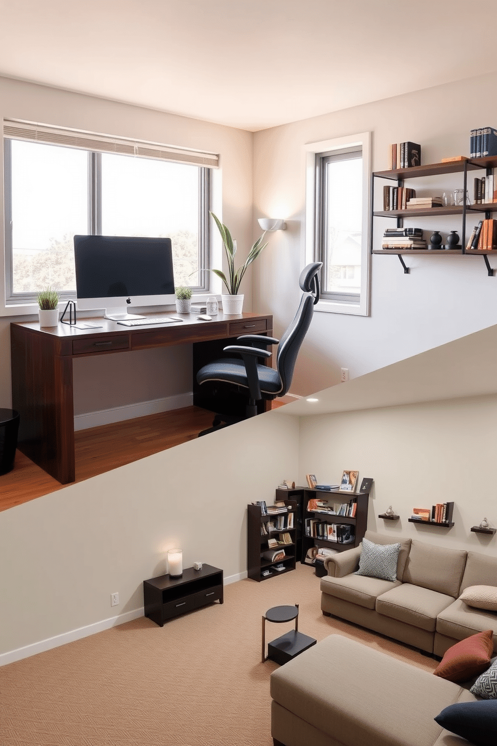 A modern home office setup featuring a sleek, dark wood desk positioned against a large window that allows plenty of natural light. The desk is equipped with a high-end ergonomic chair, a minimalist computer monitor, and stylish stationery, while a potted plant adds a touch of greenery to the space. An unfinished basement transformed into a cozy recreational area with a soft, warm color palette. The design includes a comfortable sectional sofa, a small coffee table, and wall-mounted shelves filled with books and games, creating an inviting atmosphere for relaxation and entertainment.