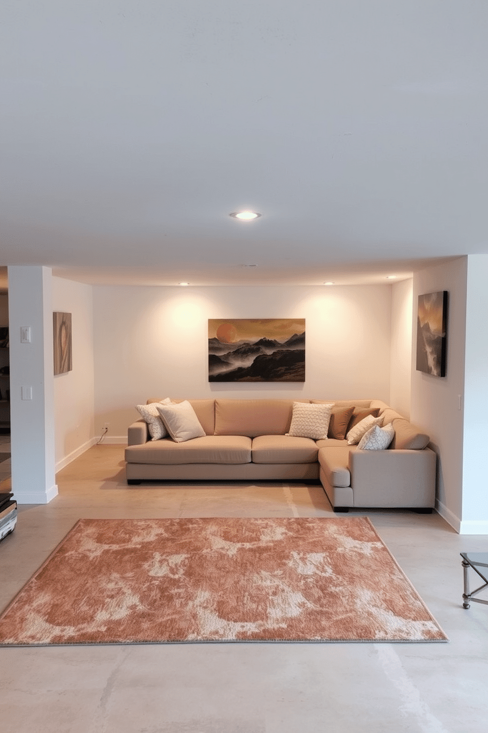 A cozy unfinished basement designed for relaxation and entertainment. The walls are painted in light, airy colors, creating an inviting atmosphere that contrasts with the raw materials of the space. A plush sectional sofa is placed in the center, surrounded by soft, textured throw pillows. A large area rug anchors the seating area, adding warmth and comfort to the otherwise stark environment.