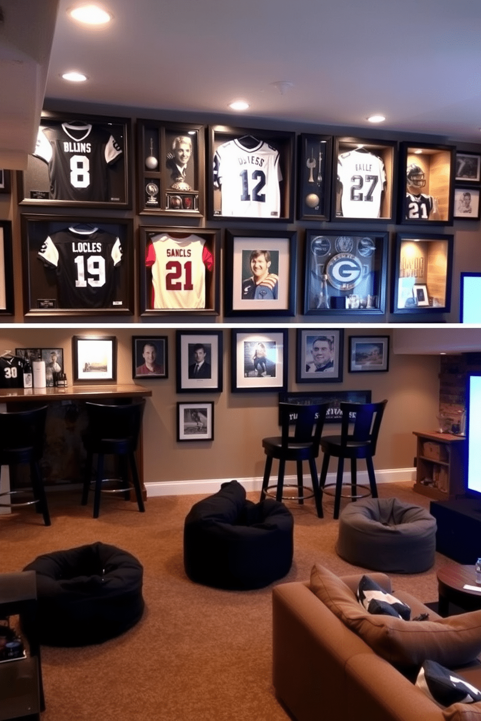 A stylish sports memorabilia display adorns the walls, featuring framed jerseys, signed photographs, and vintage collectibles in sleek shadow boxes. The display is arranged in a cohesive layout, with spotlights highlighting each piece, creating an engaging focal point in the room. The unfinished basement is transformed into a cozy man cave, showcasing a rustic bar with high stools and reclaimed wood accents. Comfortable seating options, such as a plush sectional and bean bags, are strategically placed around a large screen for an inviting entertainment area.