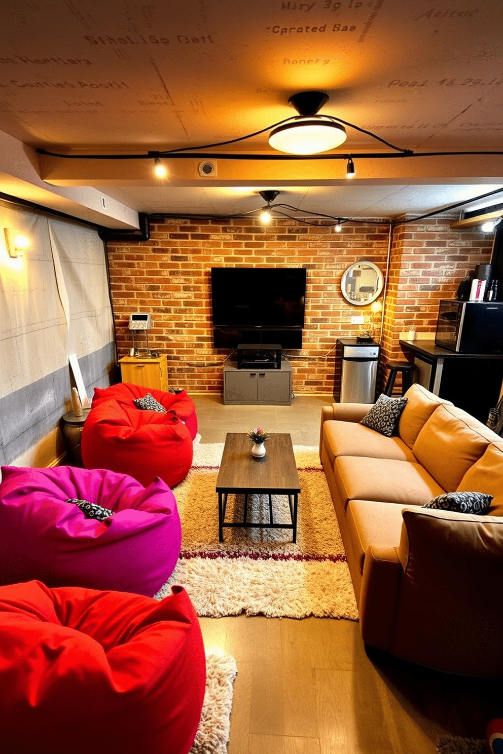 A cozy space featuring vibrant bean bags in various colors, arranged around a low coffee table. Soft, ambient lighting creates a relaxed atmosphere, while plush rugs add warmth to the concrete floor. An unfinished basement transformed into a stylish man cave, showcasing exposed brick walls and industrial lighting fixtures. A large sectional sofa faces a wall-mounted flat-screen TV, complemented by a mini fridge and a bar area for entertaining.