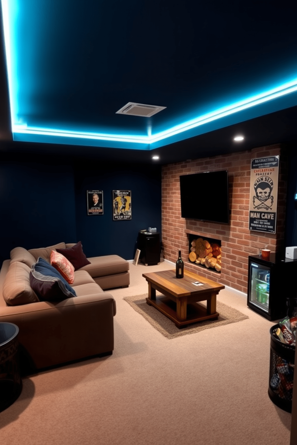 A cozy man cave in an unfinished basement, featuring mood lighting created by LED strip lights along the ceiling edges. The space is furnished with a plush sectional sofa, a rustic wooden coffee table, and a large flat-screen TV mounted on the wall. The walls are painted in a deep navy blue, enhancing the intimate atmosphere, while exposed brick adds character to the room. Accessories like vintage posters and a mini fridge stocked with snacks complete the inviting vibe, making it the perfect retreat for relaxation and entertainment.