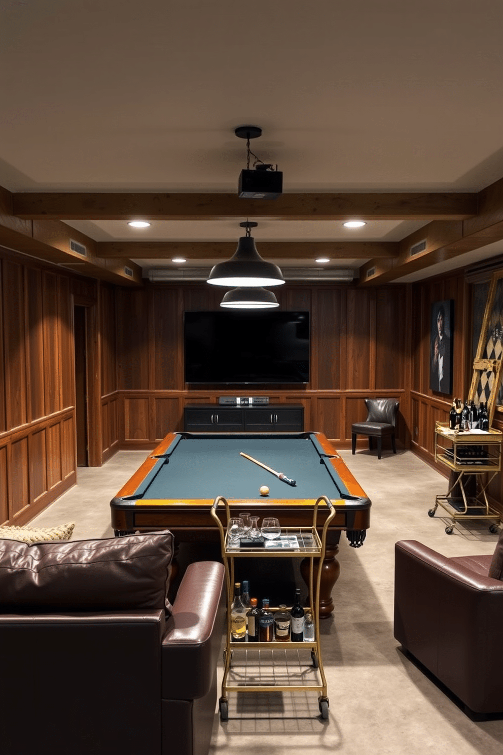 A classic pool table serves as the centerpiece of the room, surrounded by rich wooden paneling and soft, ambient lighting. Plush leather sofas in deep hues create a cozy seating area, while a vintage bar cart stocked with glassware and spirits adds a touch of elegance. The unfinished basement is transformed into a stylish man cave, featuring exposed beams and concrete floors that give a modern industrial feel. A large flat-screen TV is mounted on the wall opposite the pool table, complemented by a sound system for an immersive entertainment experience.