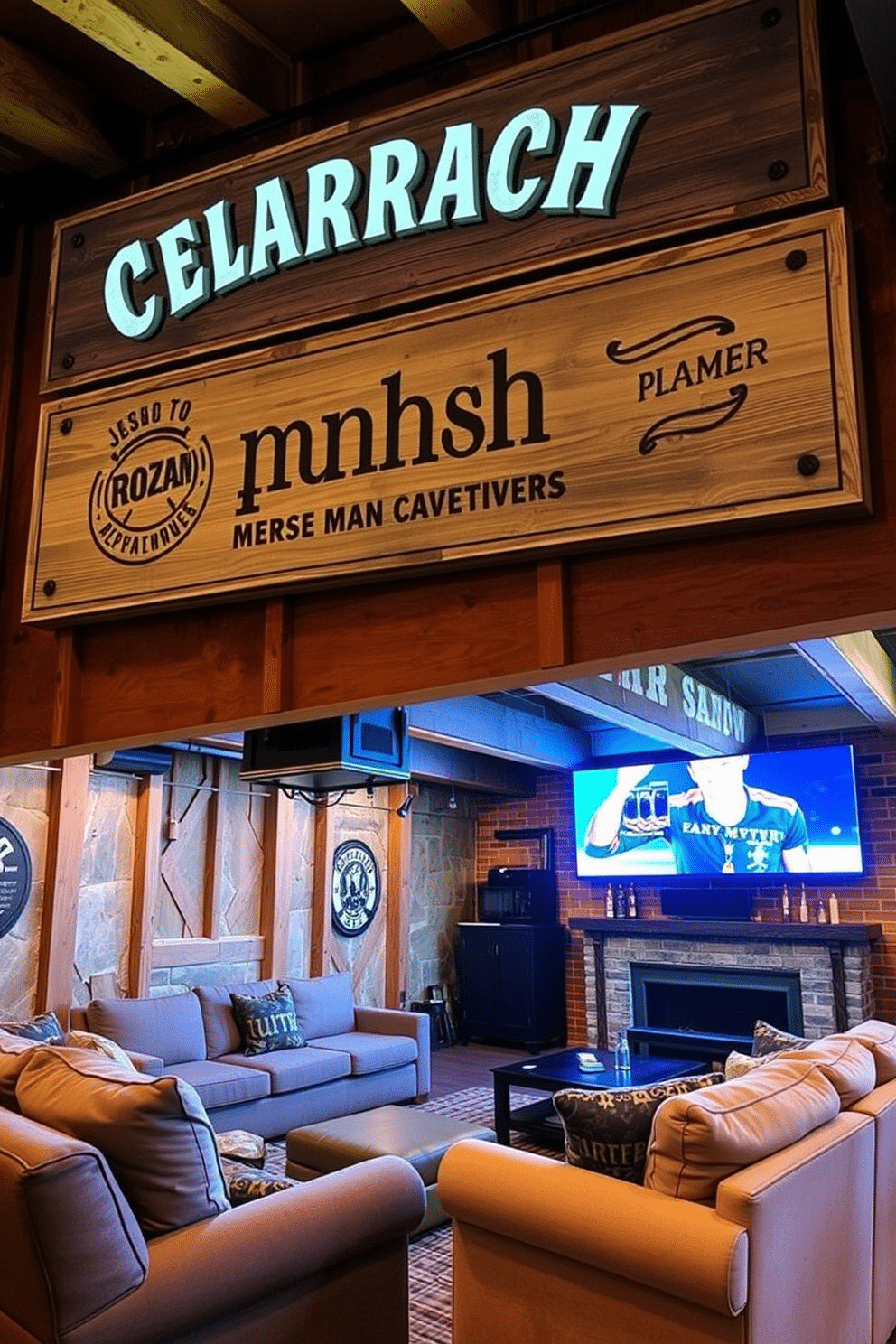 A personalized bar signage for a character-themed space featuring rustic wooden elements and vintage-style typography. The sign is adorned with playful graphics that reflect the character's personality, set against a backdrop of warm, ambient lighting. An unfinished basement man cave designed for comfort and entertainment, showcasing plush seating arrangements and a large screen for movie nights. The space is accentuated with exposed beams and industrial-style decor, creating a cozy yet stylish retreat for relaxation and social gatherings.