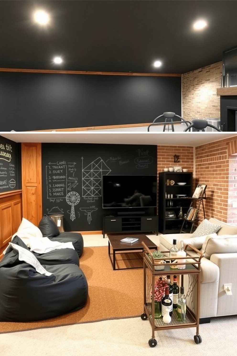 A chalkboard wall stretches across one side of the room, providing an interactive space for notes, drawings, and games. The wall is framed by warm wooden accents, with a cozy seating area featuring plush bean bags and a low coffee table for casual gatherings. The unfinished basement is transformed into a stylish man cave, showcasing exposed brick walls and industrial lighting fixtures. A large sectional sofa faces a sleek entertainment center, while a vintage bar cart adds a touch of character and functionality to the space.