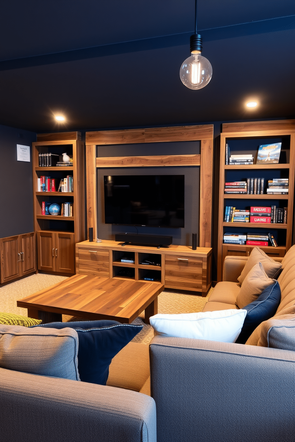 A cozy basement man cave featuring reclaimed wood accents that add warmth and character. The space includes a large sectional sofa, a rustic coffee table made from reclaimed wood, and a wall-mounted flat-screen TV framed by wooden shelves filled with books and games. The walls are painted in a deep charcoal color, enhancing the warmth of the wood elements. Ambient lighting fixtures, such as pendant lights with Edison bulbs, create a welcoming atmosphere for relaxation and entertainment.