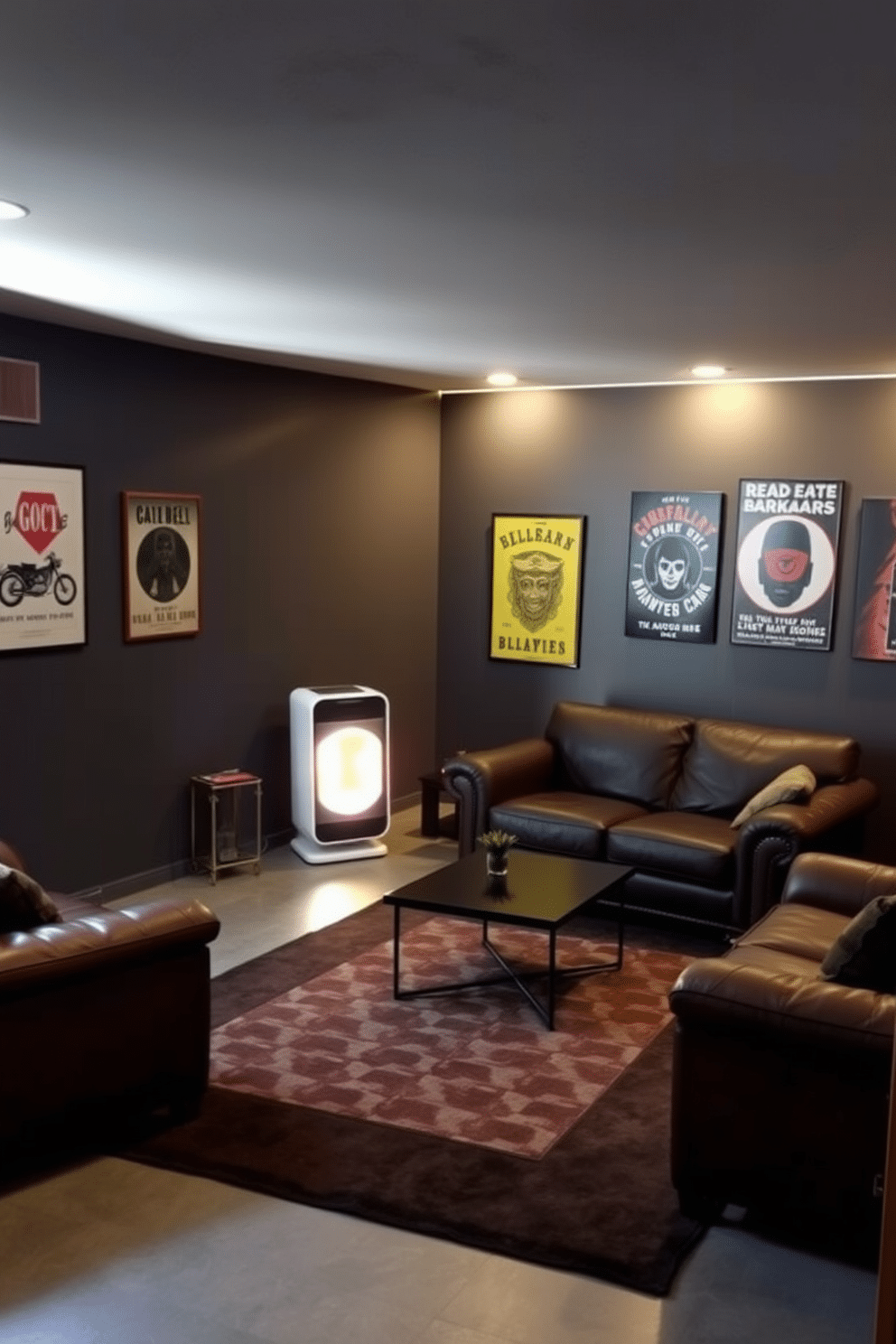 A cozy man cave in an unfinished basement features a modern electric heater nestled in the corner, casting a warm glow across the space. The walls are painted a deep charcoal gray, and plush seating in rich leather surrounds a low coffee table, creating an inviting gathering area. To enhance the ambiance, a large area rug with geometric patterns lies at the center, adding texture and warmth to the concrete floor. Vintage posters adorn the walls, while ambient LED lighting highlights the unique features of the room, making it a perfect retreat for relaxation and entertainment.