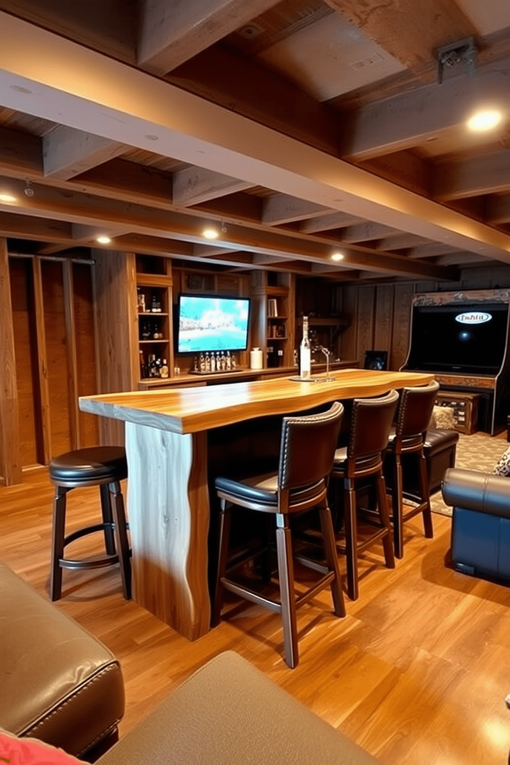 A rustic wooden bar with high stools is the centerpiece of this inviting space. The bar features a live edge countertop, supported by sturdy reclaimed wood, and is surrounded by tall, comfortable stools with leather upholstery. The unfinished basement is transformed into a cozy man cave, complete with exposed beams and warm lighting. Plush seating, a large flat-screen TV, and a vintage arcade game add to the relaxed atmosphere, while rustic decor elements enhance the overall charm.