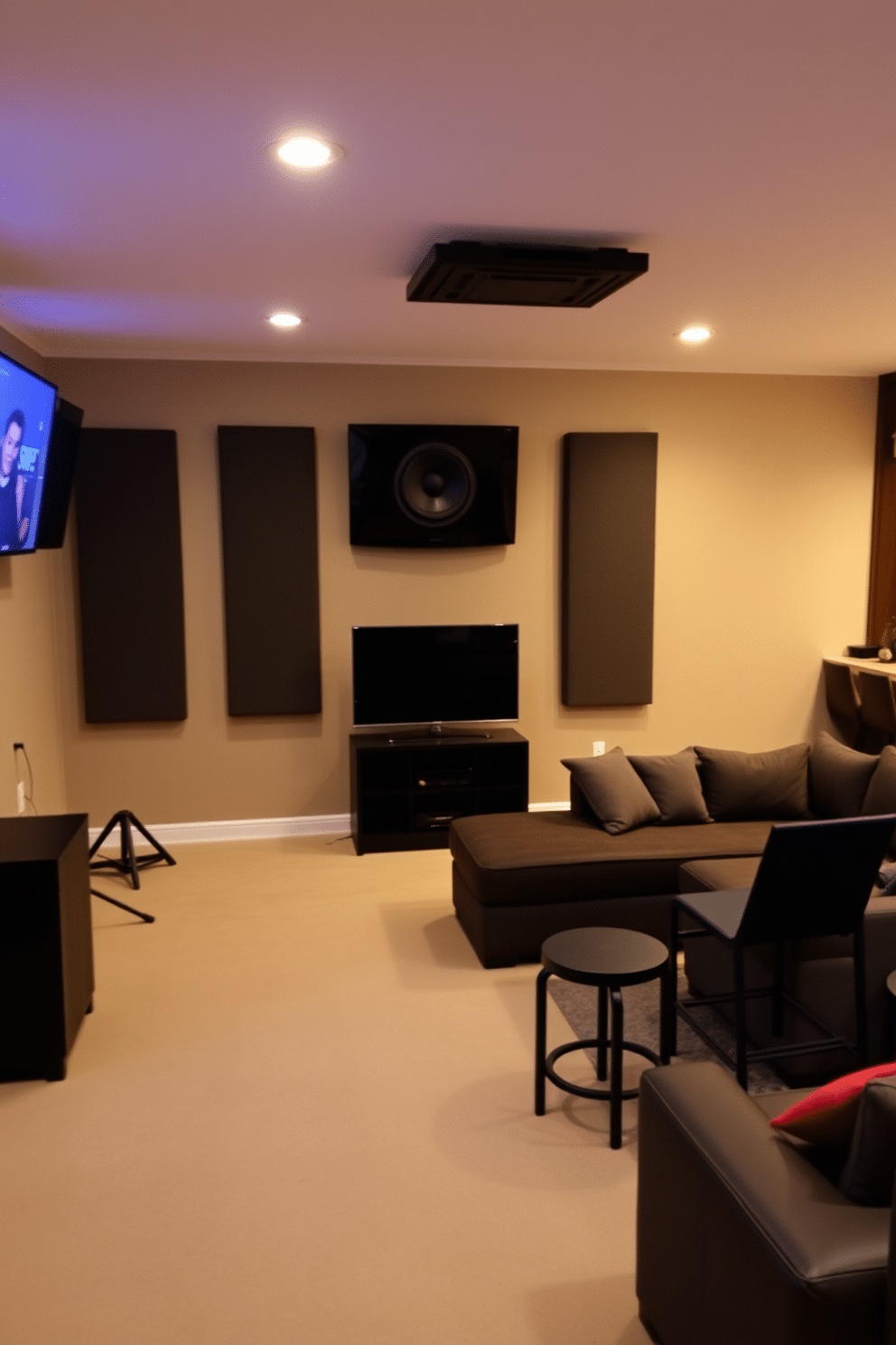 A modern sound system setup for an immersive audio experience. The room features sleek, wall-mounted speakers and a central subwoofer, creating a surround sound effect that envelops the space. A cozy unfinished basement transformed into a man cave. The design includes a large sectional sofa, a custom bar with high stools, and a wall-mounted TV for an ultimate entertainment experience.