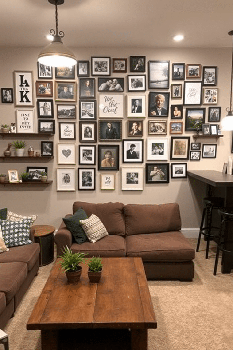 A gallery wall showcasing favorite photos. The wall is filled with an eclectic mix of framed pictures in various sizes, surrounded by decorative shelves displaying small plants and art pieces. An unfinished basement man cave design. The space features a cozy seating area with a large sectional sofa, a rustic wooden coffee table, and a bar area with high stools, all illuminated by soft pendant lighting.