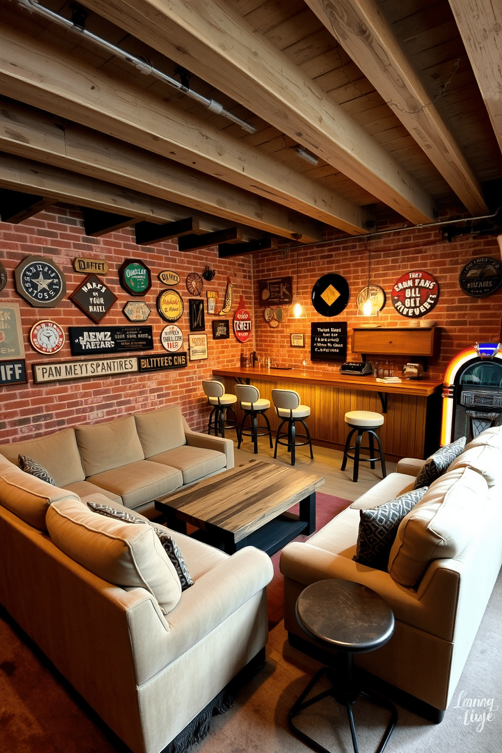 A cozy man cave in an unfinished basement, featuring exposed brick walls and rustic wooden beams overhead. A large, plush sectional sofa is positioned around a reclaimed wood coffee table, with vintage signs adorning the walls to add nostalgic charm. Incorporate a mini-bar area with retro-style stools and a wooden counter, illuminated by soft pendant lights. The space is completed with a vintage jukebox in the corner, creating a warm and inviting atmosphere perfect for relaxation and entertainment.