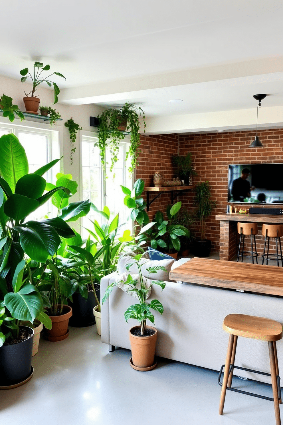 A collection of vibrant indoor plants fills the corners of a sunlit room, creating a refreshing and lively atmosphere. Large leafy greens, such as monstera and fiddle leaf fig, are complemented by smaller succulents on shelves, enhancing the space's natural charm. The unfinished basement is transformed into a stylish man cave, featuring exposed brick walls and industrial-style lighting. A plush sectional sofa faces a large flat-screen TV, while a rustic wooden bar with high stools invites relaxation and socializing.