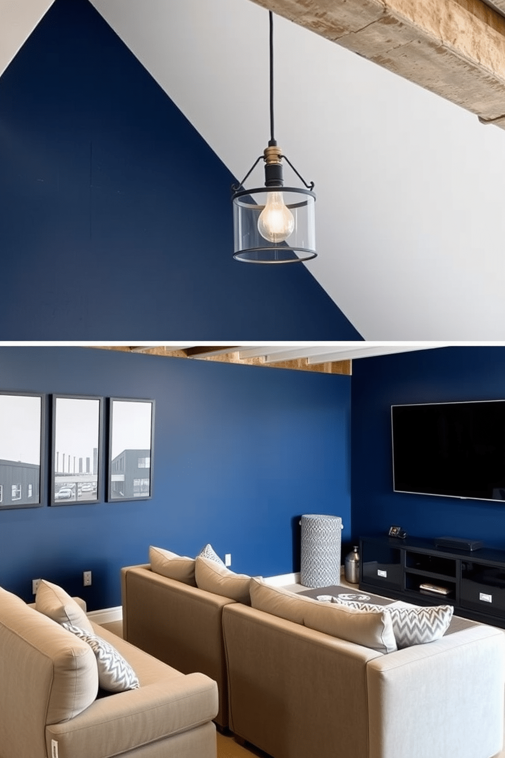 A striking accent wall features a bold navy blue paint color that contrasts beautifully with the surrounding neutral tones. The wall is adorned with modern artwork, creating a focal point that draws the eye and adds personality to the space. The unfinished basement is transformed into a stylish man cave, complete with plush seating and a large flat-screen TV mounted on the wall. Industrial-style lighting fixtures hang from the ceiling, illuminating the space while exposed beams and concrete floors add a raw, urban feel.