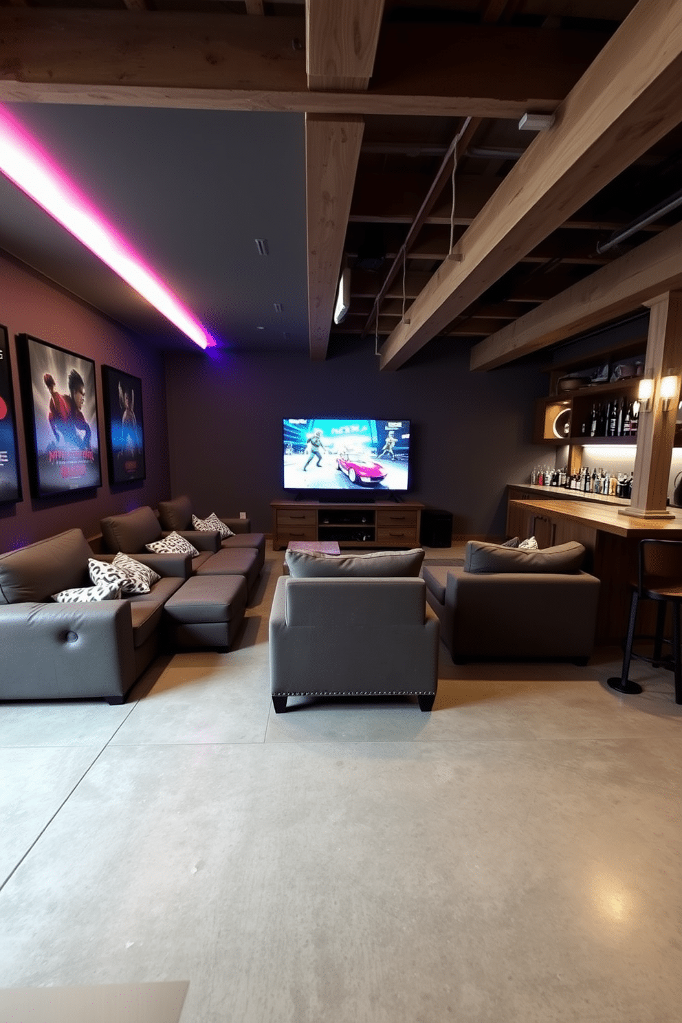 A cozy game console station featuring plush, oversized seating arranged in a semi-circle for optimal comfort and interaction. The walls are adorned with framed posters of classic video games, and ambient LED lighting adds a modern touch to the space. An unfinished basement transformed into a stylish man cave, showcasing exposed beams and a polished concrete floor. A large sectional sofa faces a big-screen TV, while a rustic wooden bar area is stocked with drinks and snacks for entertaining guests.