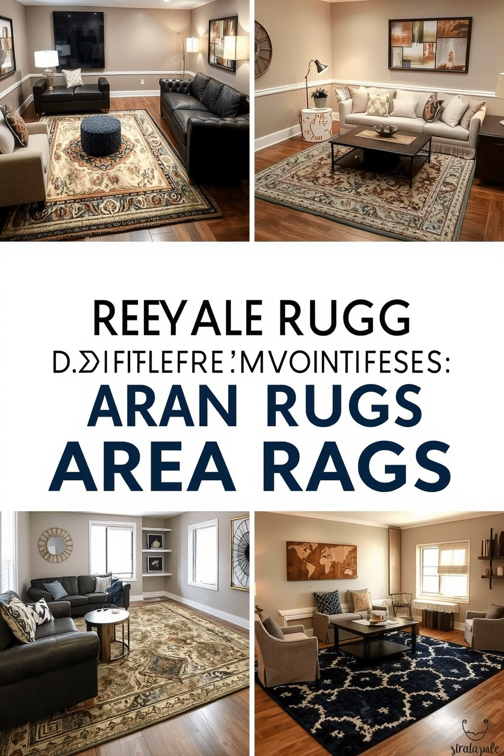 A collection of stylish area rugs that define spaces within a room. Each rug features unique patterns and textures, enhancing the overall aesthetic while providing comfort underfoot. Creative design ideas for transforming an unfinished basement into a cozy man cave. The space includes comfortable seating, ambient lighting, and personalized decor that reflects the owner's interests.