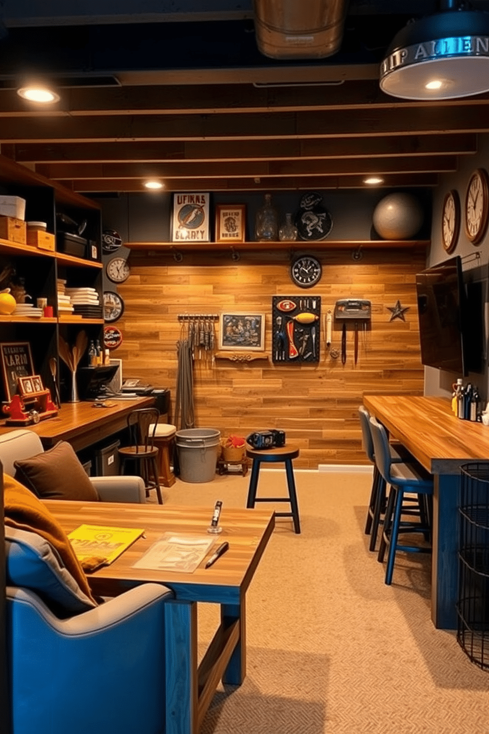 A cozy DIY project area featuring a reclaimed wood workbench, surrounded by shelves filled with various tools and materials. Soft, warm lighting illuminates the space, creating an inviting atmosphere for crafting personalized home decor items. A stylish unfinished basement man cave designed for relaxation and entertainment. Plush seating arrangements face a large screen TV, while a custom-built bar made from reclaimed wood serves as the focal point, complemented by ambient lighting and sports memorabilia on the walls.