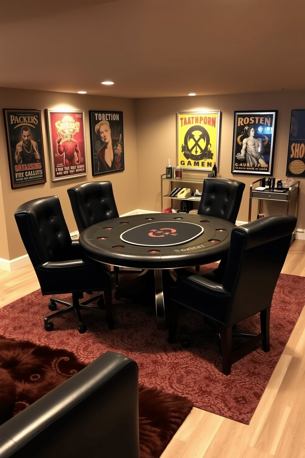 A stylish game table designed for poker and board games sits at the center of a cozy unfinished basement. Surrounding the table are comfortable, upholstered chairs in dark leather, creating an inviting atmosphere for friendly competition. The walls are adorned with vintage gaming posters, and soft, ambient lighting casts a warm glow throughout the space. A plush area rug in deep hues anchors the table, while a small bar cart stocked with snacks and drinks adds a touch of convenience.