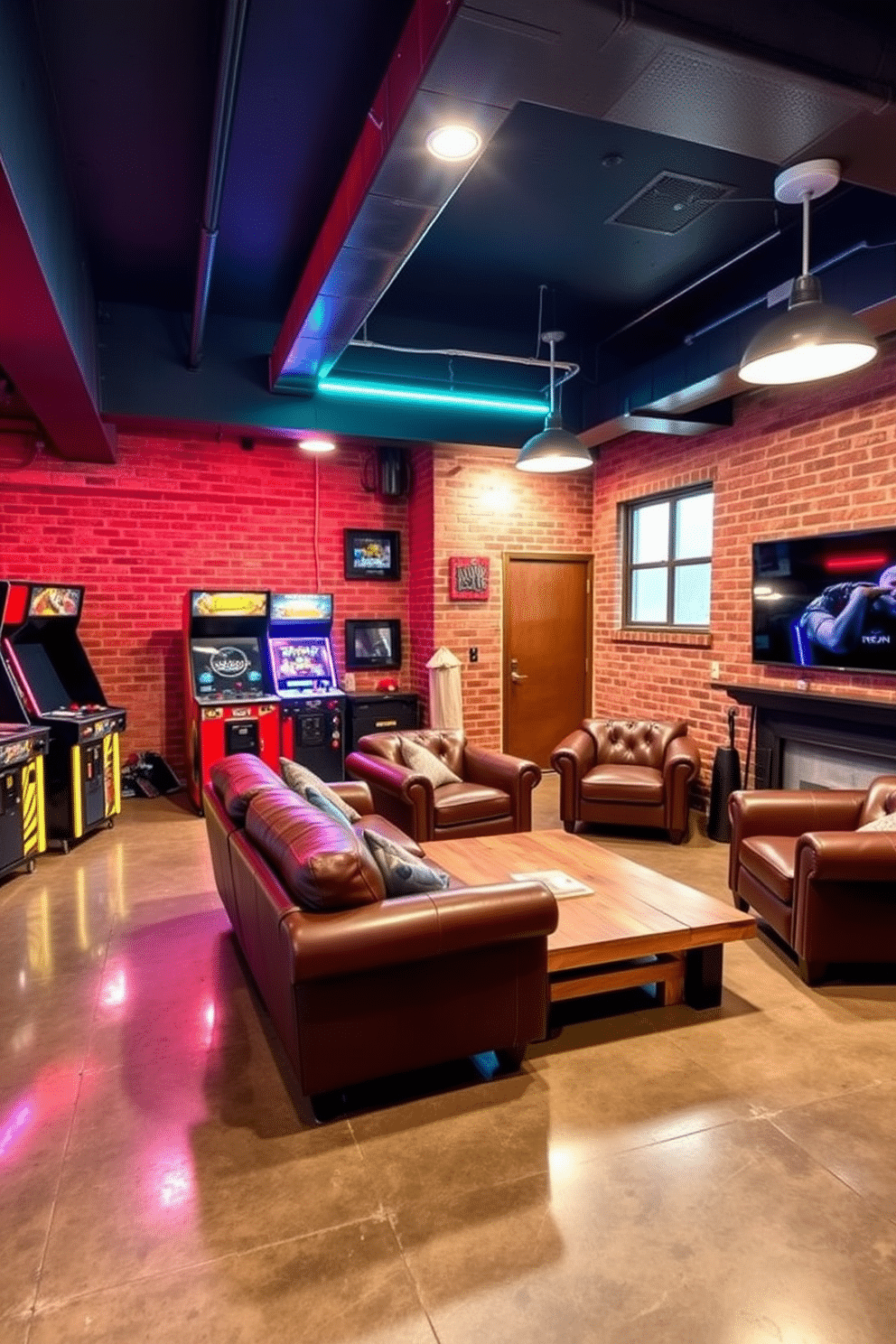 A retro-inspired entertainment area featuring vintage arcade machines, each with vibrant colors and classic designs. The flooring is polished concrete, complemented by neon lights that create an inviting atmosphere. An unfinished basement transformed into a stylish man cave, showcasing exposed brick walls and industrial-style lighting. Comfortable leather seating is arranged around a reclaimed wood coffee table, with a large-screen TV mounted on one wall for gaming and movie nights.