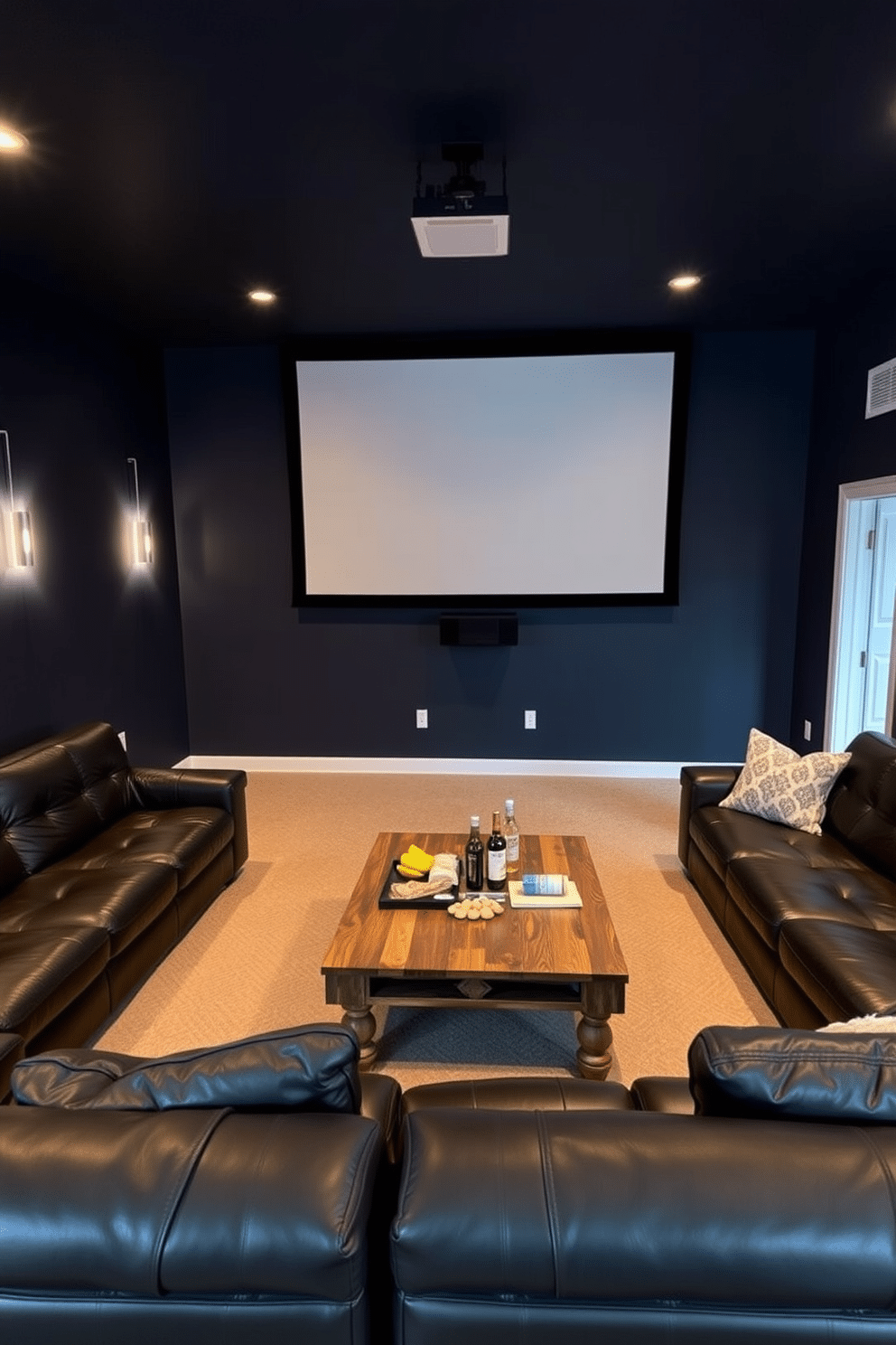 A cozy man cave designed in an unfinished basement. The space features a large projector screen mounted on the wall, surrounded by comfortable sectional seating in dark leather. The walls are painted in a deep navy blue, creating a cinematic atmosphere. Soft ambient lighting is installed along the perimeter, and a rustic wooden coffee table sits in the center, adorned with snacks and drinks.