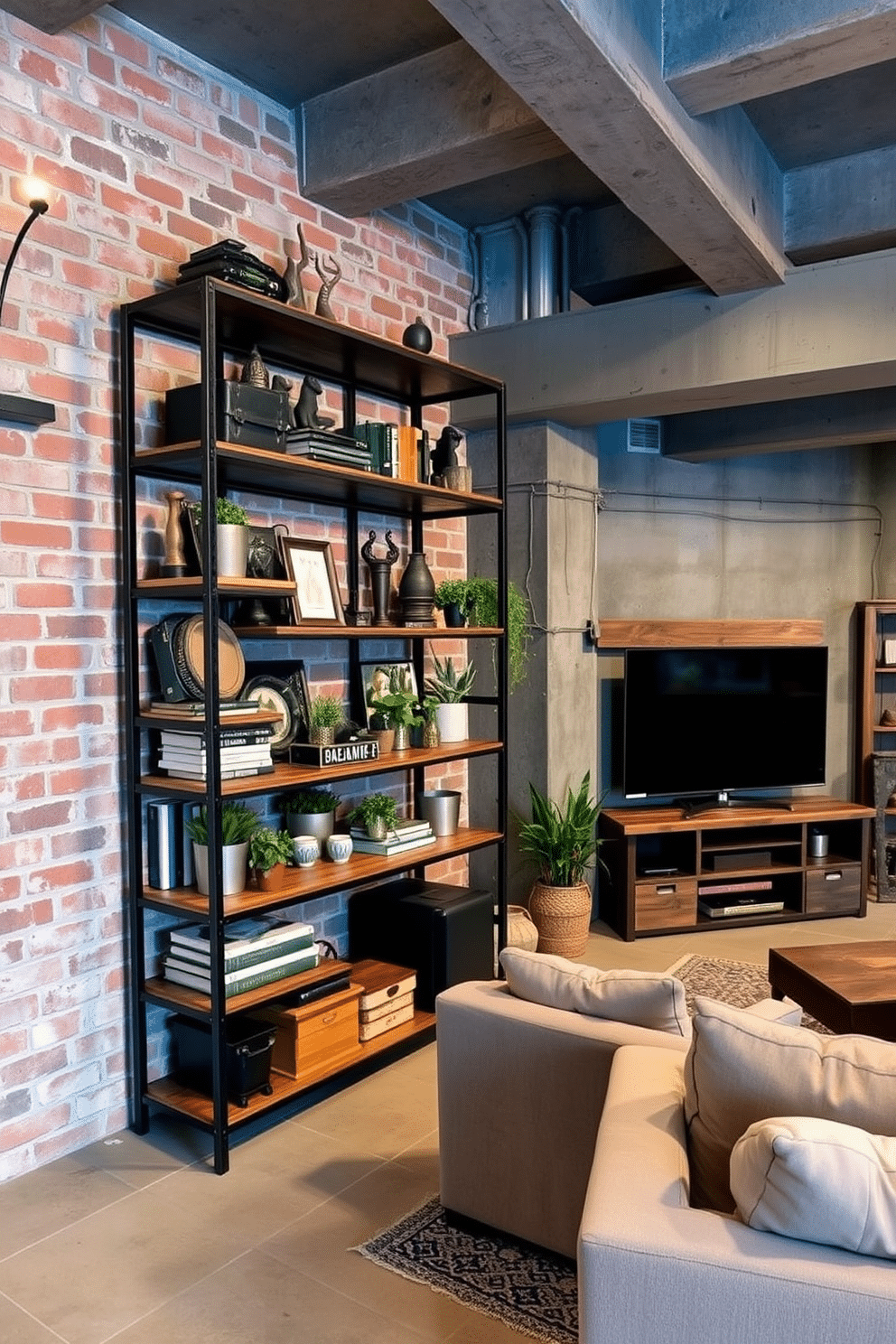 A striking industrial-style shelving unit made of dark metal and reclaimed wood stands against a brick wall. The shelves are adorned with an eclectic mix of decor items, including vintage books, potted plants, and unique sculptures, creating a visually appealing focal point. The unfinished basement is transformed into a cozy man cave with a rugged charm. Exposed beams and concrete walls set the backdrop for plush seating, a large flat-screen TV, and a rustic bar area crafted from repurposed materials, making it the perfect retreat for relaxation and entertainment.