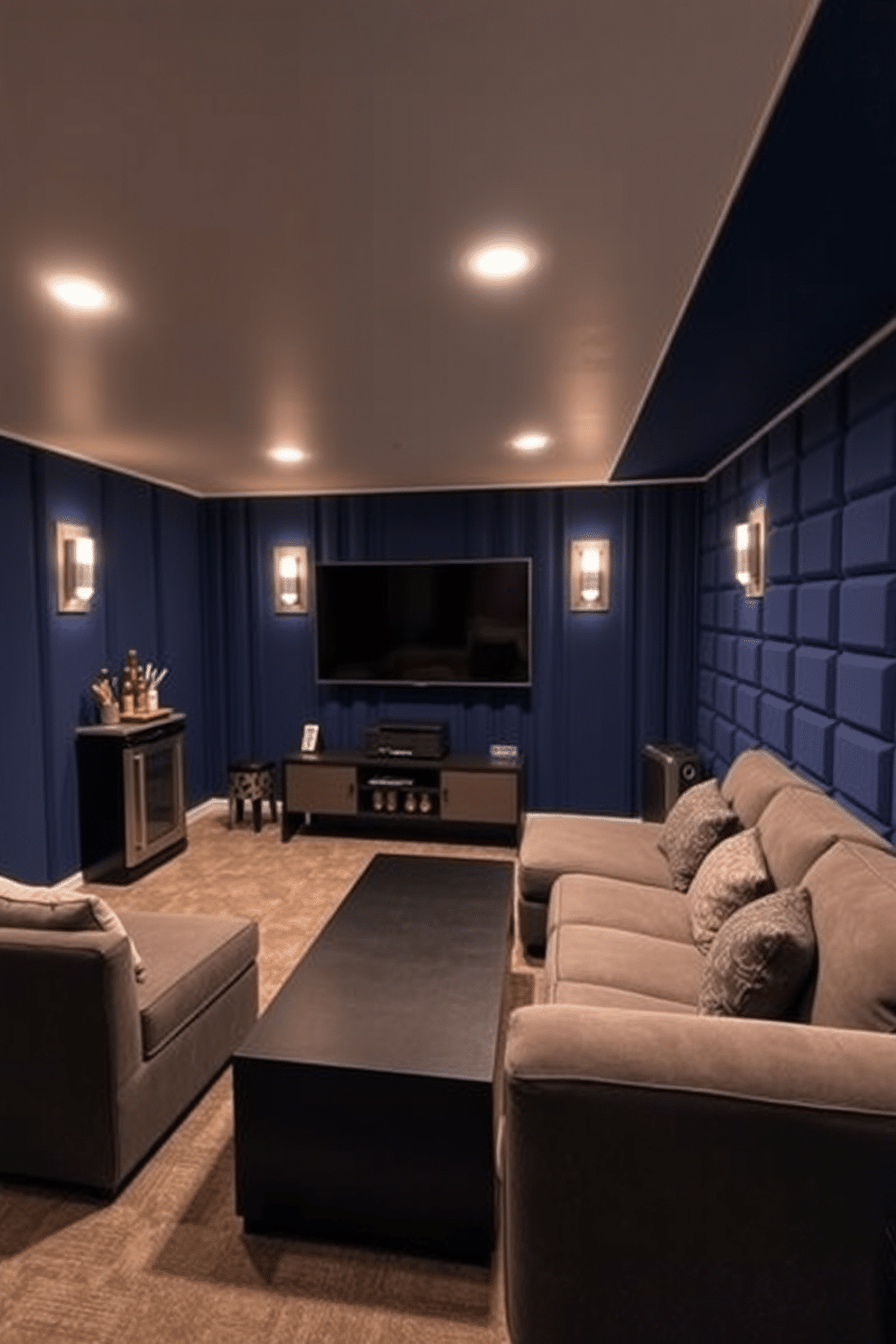 A cozy man cave in an unfinished basement designed for quiet enjoyment. The walls are lined with stylish soundproofing panels in deep blue, creating a serene atmosphere for relaxation and entertainment. A plush sectional sofa faces a large flat-screen TV mounted on the wall, with a sleek coffee table in front. Ambient lighting fixtures are strategically placed to enhance the space without being intrusive, while a mini-fridge and snack bar provide convenience for gatherings.