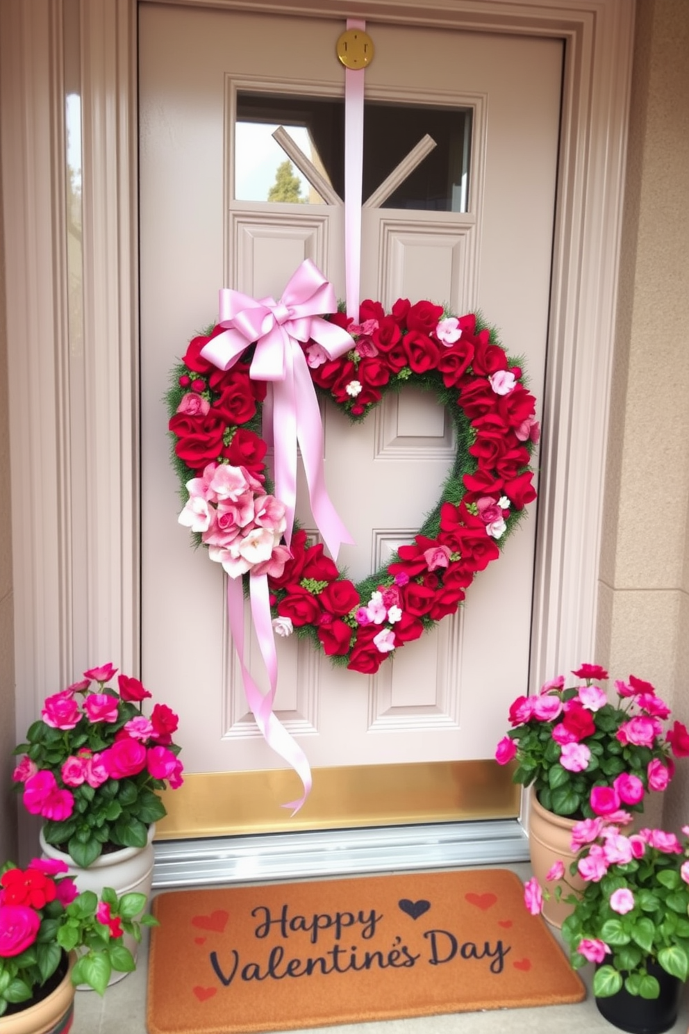 A charming heart-shaped wreath made of lush red and pink flowers adorns the front door, welcoming guests with a festive touch. Delicate ribbons in soft pastel colors cascade from the wreath, adding a whimsical flair to the entrance. Surrounding the door, small potted plants with vibrant blooms create a warm and inviting atmosphere. A doormat with a cheerful Valentine's Day message complements the wreath, enhancing the overall decor for the holiday.