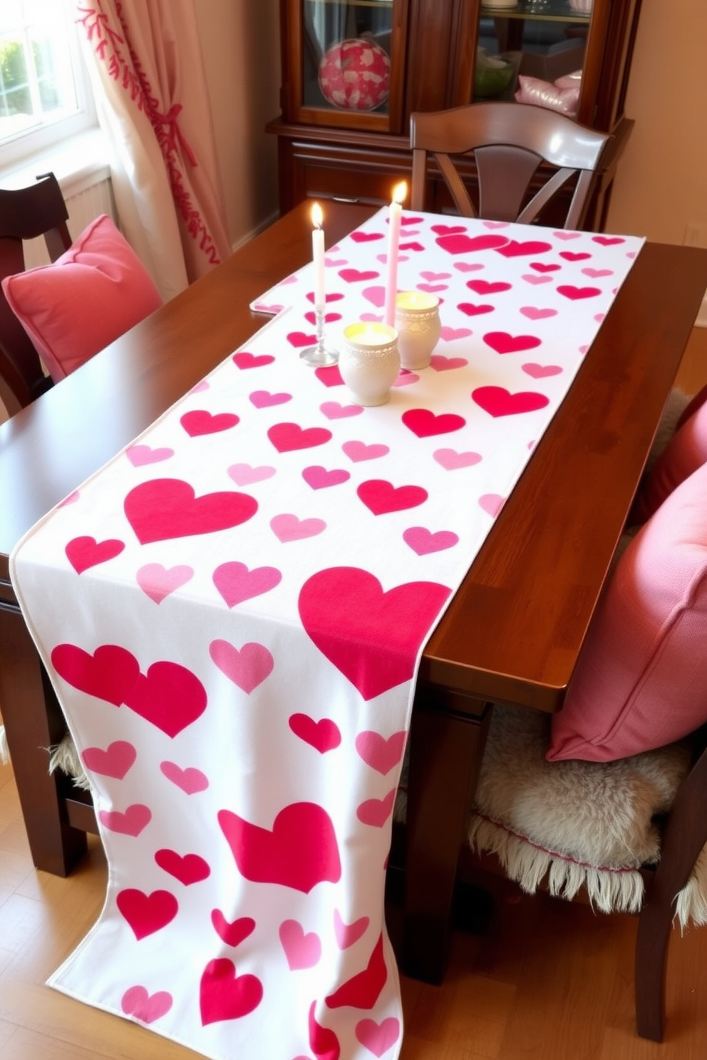 A charming dining table adorned with a heart-patterned table runner that drapes elegantly across its surface. The runner features vibrant red and pink hearts on a soft white background, perfectly complementing the romantic ambiance of Valentine's Day. Surrounding the table are plush chairs with cozy cushions, inviting guests to sit and enjoy a lovely meal. Delicate candles in heart-shaped holders flicker softly, casting a warm glow over the festive setting.