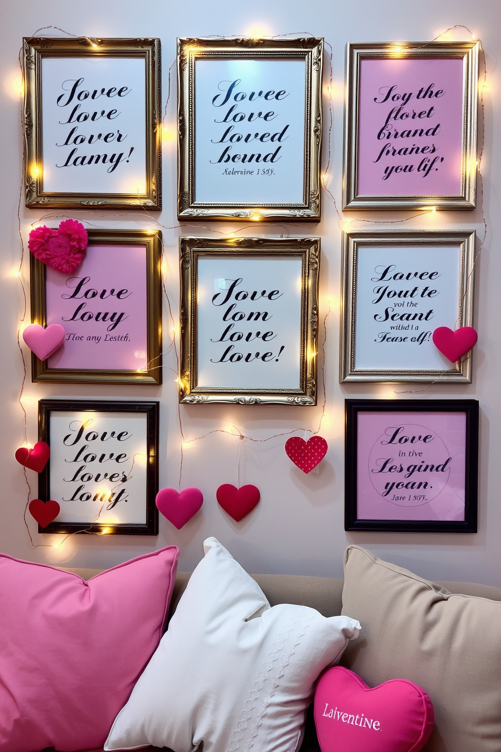 A charming wall adorned with love quote art pieces in elegant frames creates a romantic atmosphere. The quotes are beautifully scripted in varying fonts, surrounded by soft pastel colors that enhance the festive spirit of Valentine's Day. Incorporating heart-shaped decor elements, such as cushions and wall hangings, adds a playful touch to the space. Delicate fairy lights drape around the artwork, casting a warm glow that invites affection and celebration.