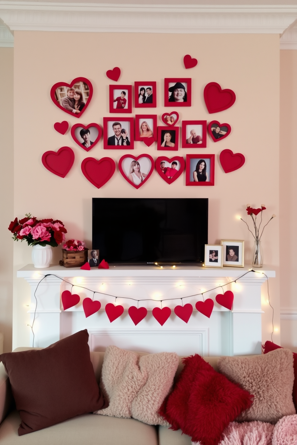 A cozy living room adorned with heart-shaped photo frames showcasing cherished memories. The frames are arranged in a playful collage on a soft pastel wall, creating a warm and inviting atmosphere perfect for Valentine's Day. A charming mantelpiece decorated with twinkling fairy lights and heart-shaped accents. Below, a collection of plush throws and cushions in shades of red and pink adds a touch of romance and comfort to the space.