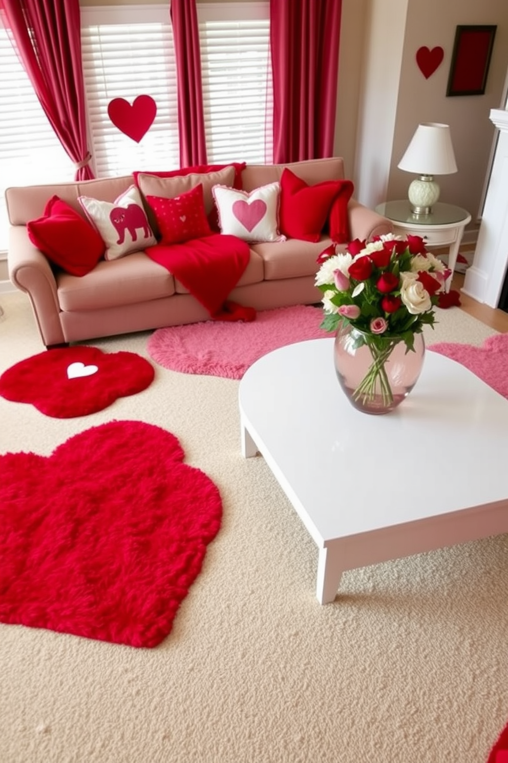 A cozy living room adorned with red and pink accent rugs that add warmth and vibrancy to the space. The rugs are layered over a soft beige carpet, creating a striking contrast and inviting atmosphere for Valentine's Day celebrations. Decorative throw pillows in various shades of red and pink are scattered across a plush sofa, enhancing the romantic theme. Fresh flowers in a heart-shaped vase sit on a coffee table, complementing the festive decor and adding a touch of elegance to the room.