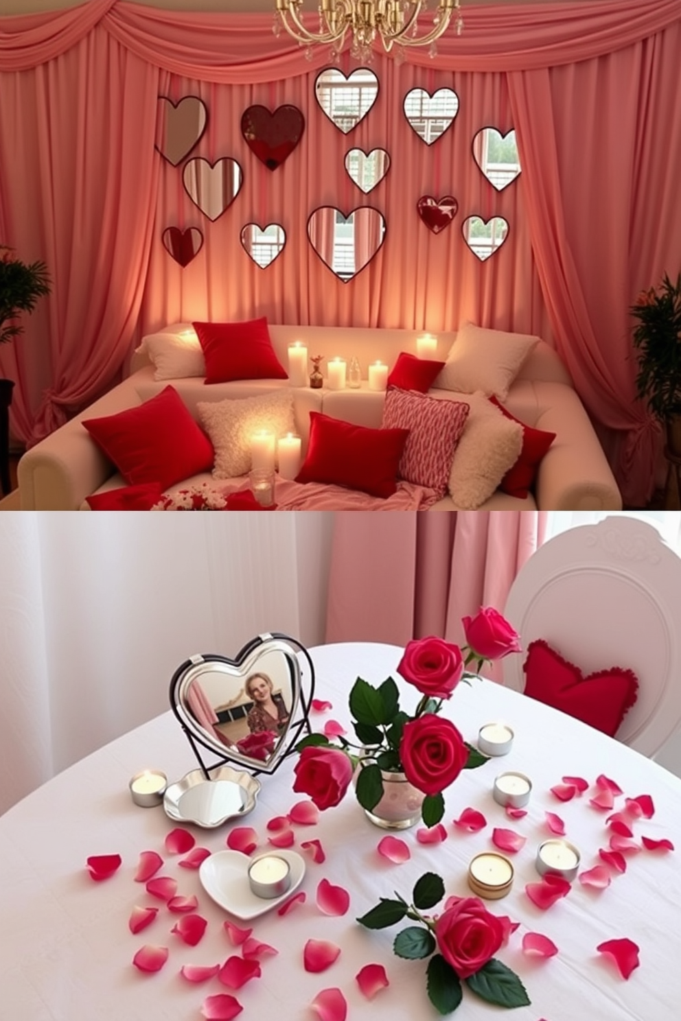 A romantic living room adorned with heart-shaped mirrors reflecting soft candlelight. The walls are draped in pastel pink fabric, and plush cushions in various shades of red and white are scattered across a cozy sofa. A charming dining area featuring a beautifully set table for two, with heart-shaped mirrors as a centerpiece. Delicate rose petals are scattered across the tablecloth, complemented by flickering tea lights and a bouquet of fresh roses.